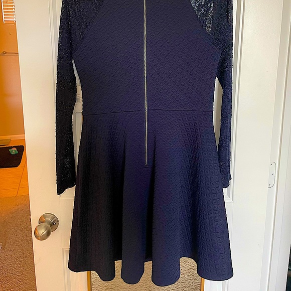NWT Altar’d State (LG) Navy Blue Knit A-Line Fit & Flare Dress w/ Lace Sleeves - Picture 7 of 13